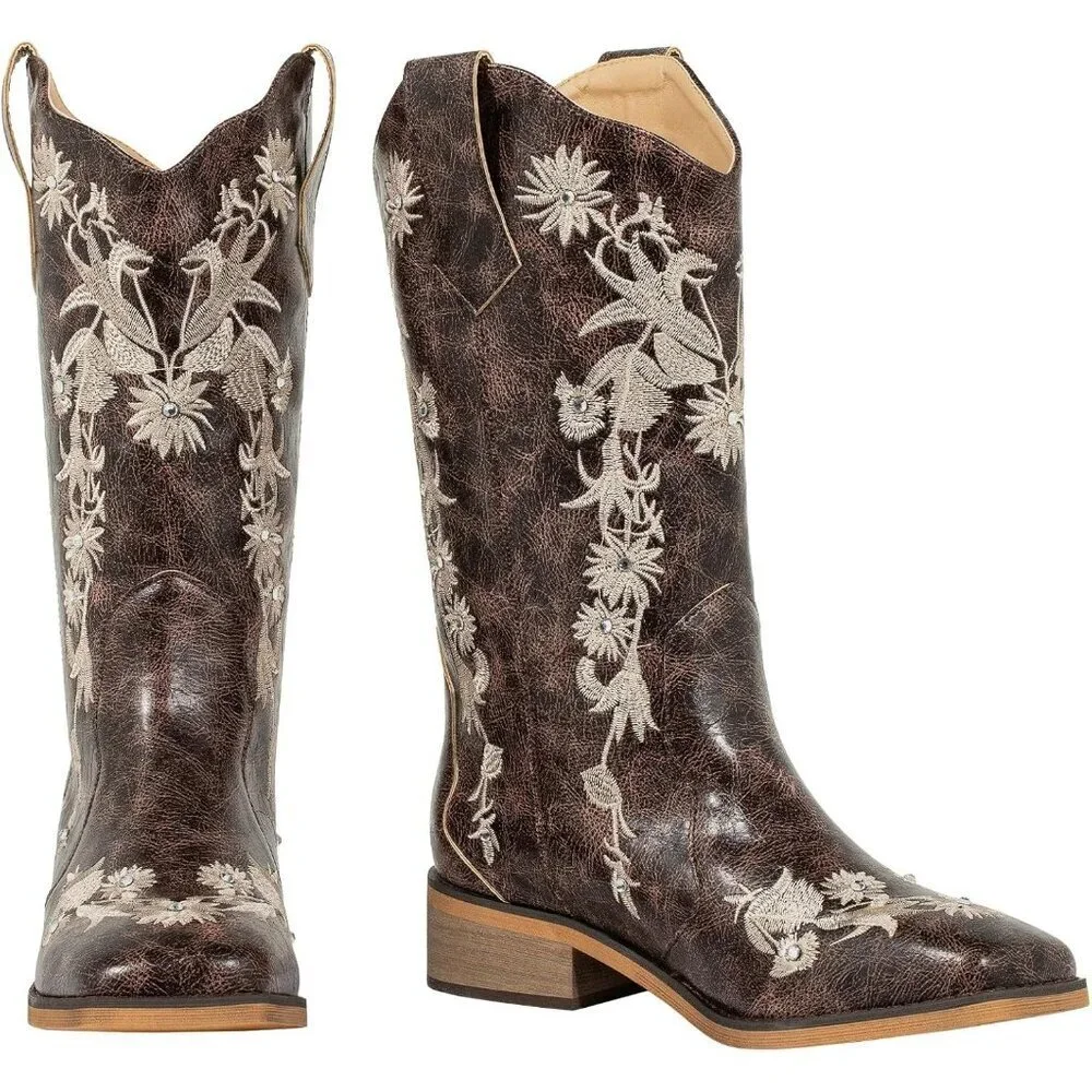 SheSole Womens Brown Ladies Cowgirl Boots Cowboy Mid Calf Square Toe - Picture 5 of 9